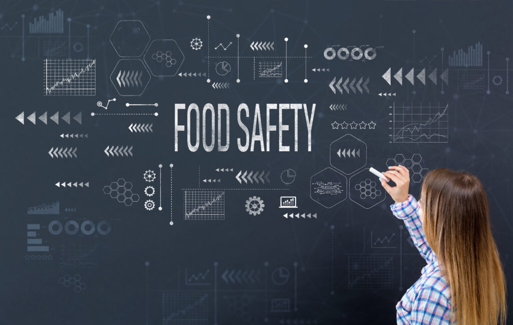 Grafika z napisem „Food Safety” na ciemnym tle z elementami infografik, wykresów i ikon analitycznych. Po prawej stronie osoba rysuje kredą na tablicy, symbolizując analizę i zarządzanie bezpieczeństwem żywności.